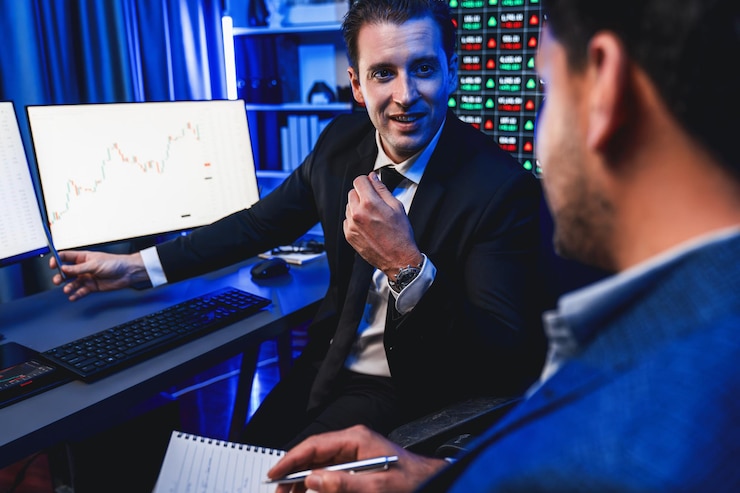 Stock exchange traders discussing investment strategy